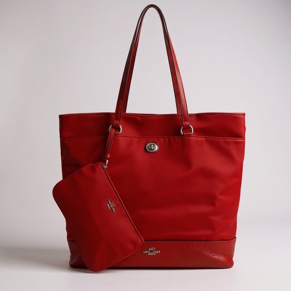 Coach | Bags | Coach Red Nylon Leather Carryall Tote Bag Pewter Hw ...